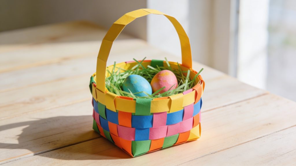 Osternest gewebt aus Papierstreifen. Schritt für Schritt Anleitung.  