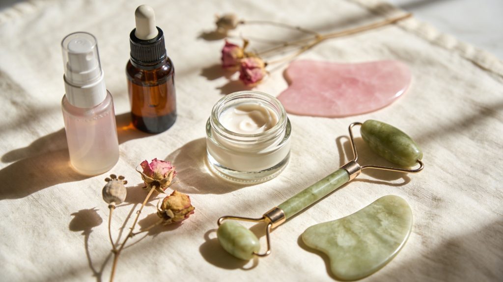 Augencreme Produkte aufgebreietet auf einem Tuch.