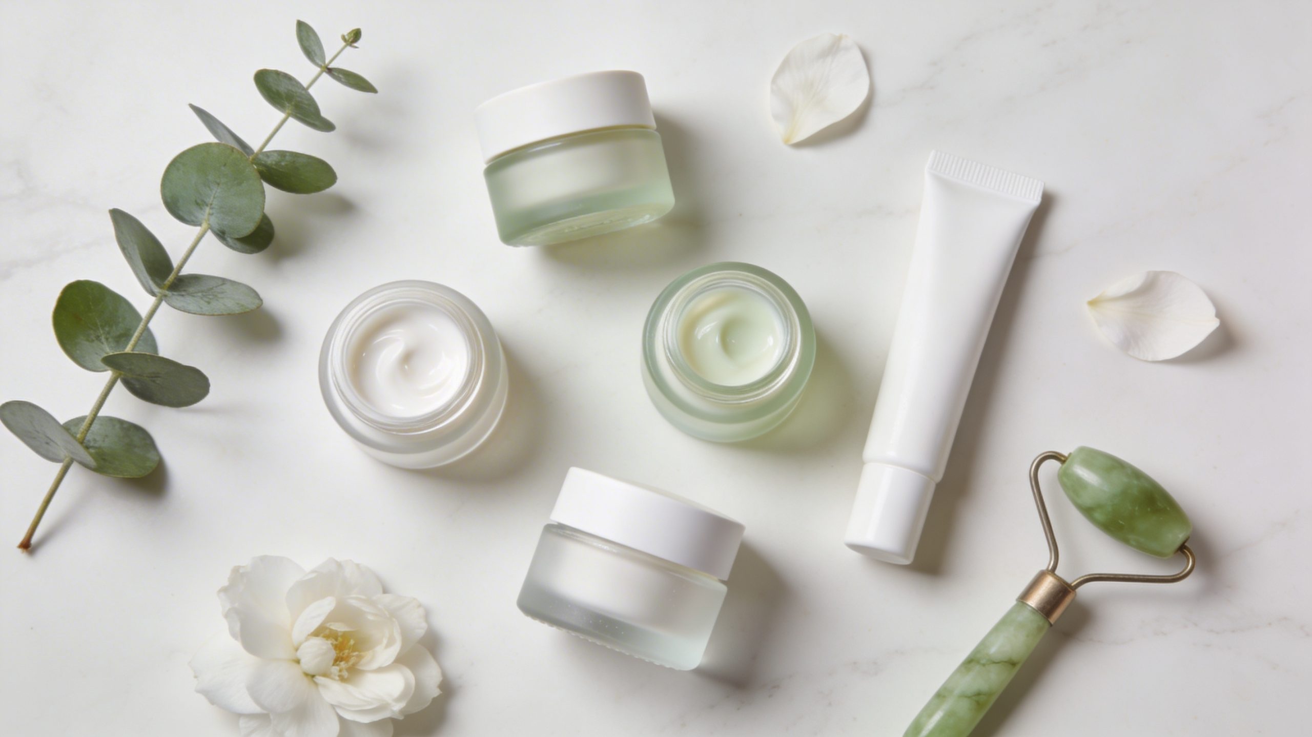 Verschiedene Augencreme Produkte liegen auf einem Tisch.