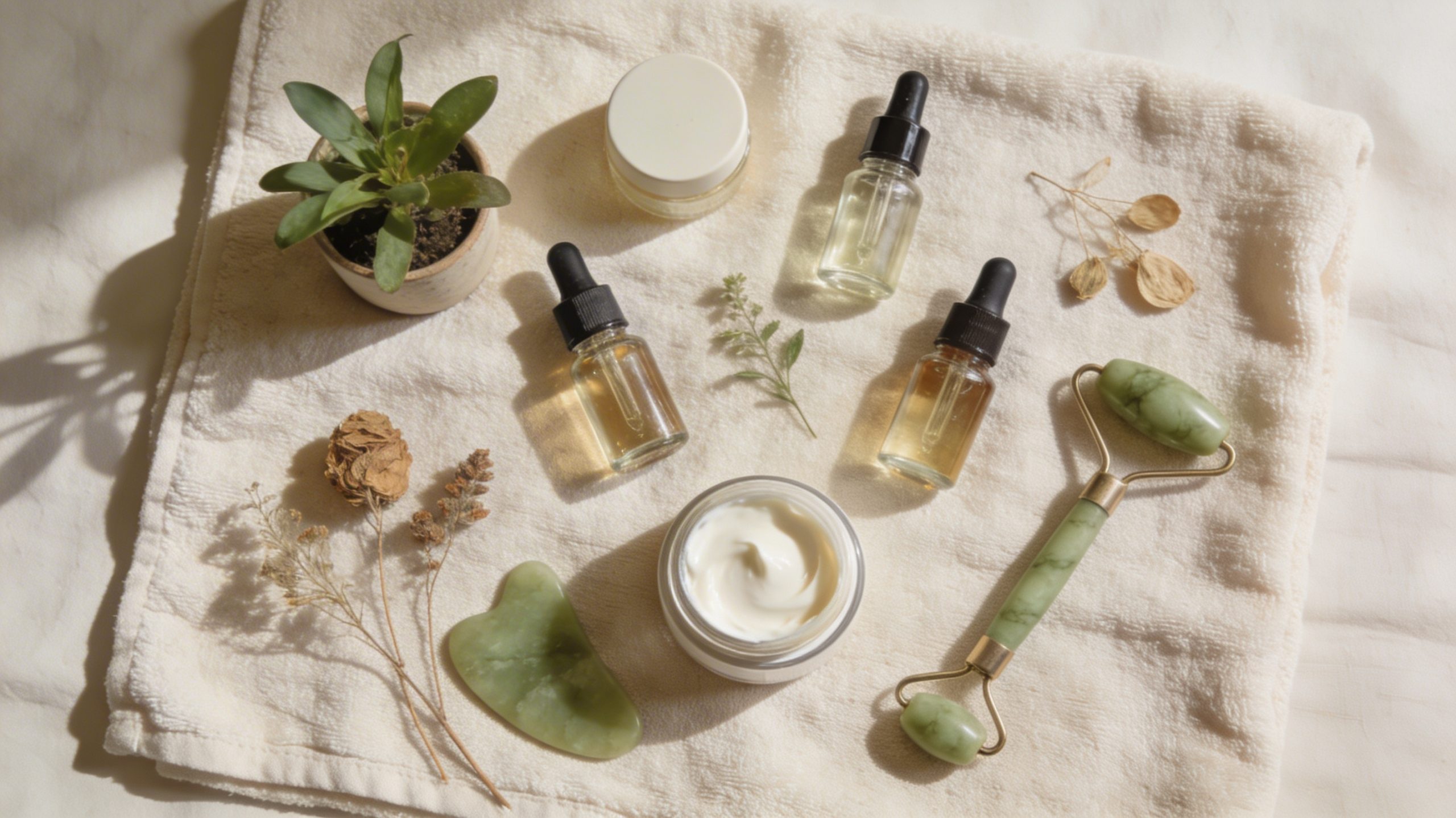 Hyaluron, Retinol, Niacinamid Produkte auf einem Tuch.