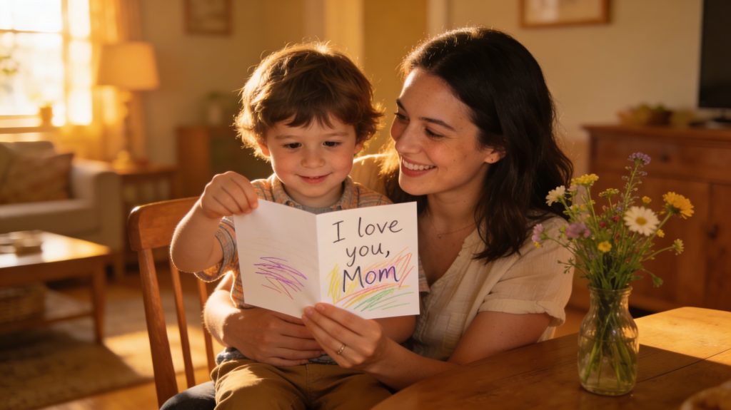 Mutter und Kind lesen ein Muttertagsgedicht.